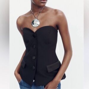 Zara Black Strapless Bustier Top with Button Detail